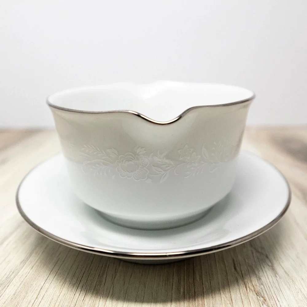 Noritake Reina Gravy Boat Attached Underplate Platinum Trim White China Vintage